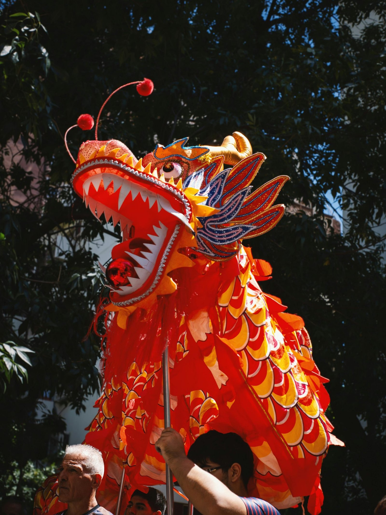 Colorful Chinese dragon dance performance during a festival in Buenos Aires.